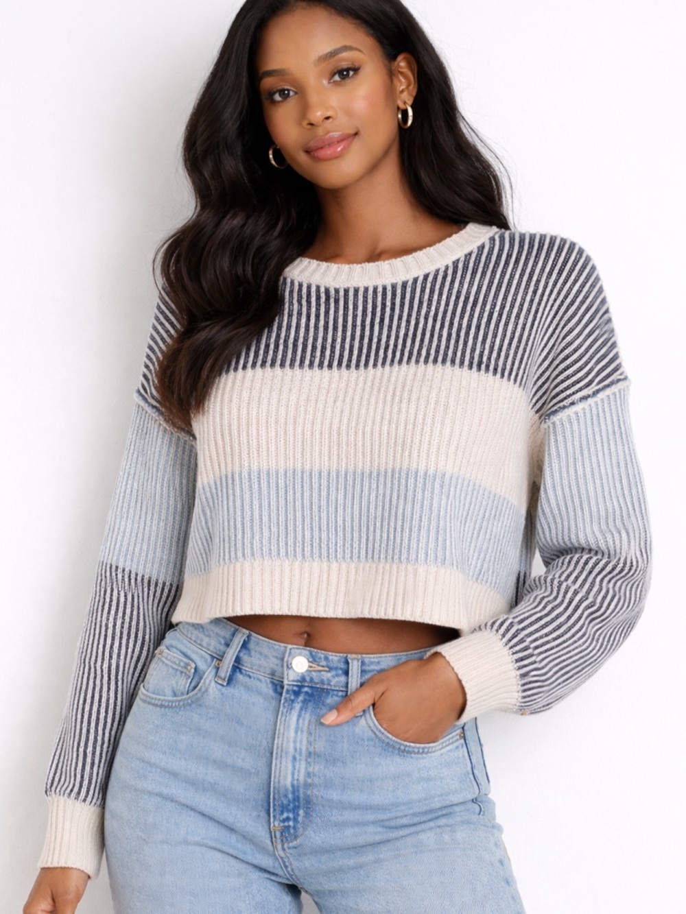 Altar'd State Striped Ribbed Crewneck Sweater in Cream, Light Blue & Navy